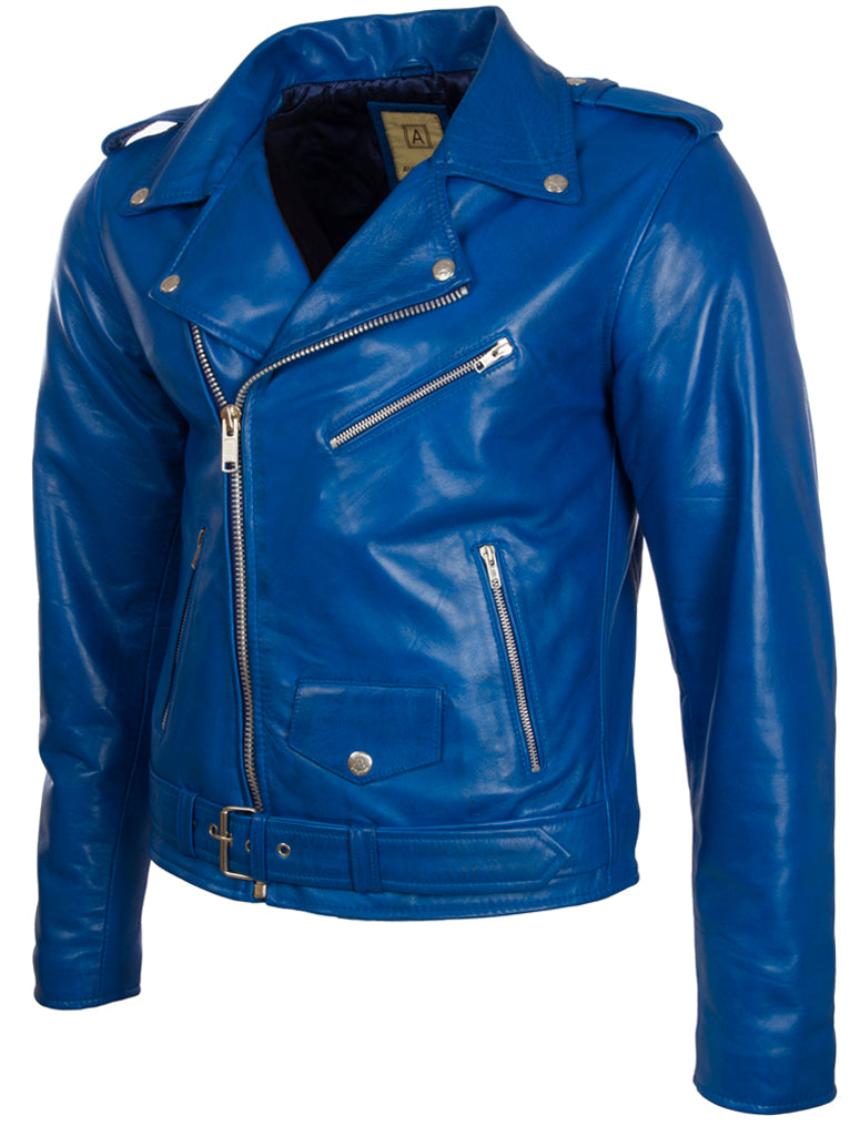 Blue leather jacket with silver zippers on a white background left view