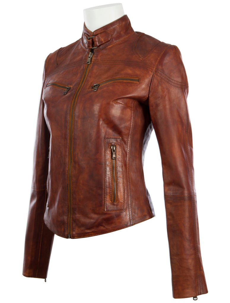 Brown leather jacket on a mannequin against a white background left view