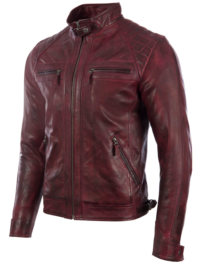 Men's Burgundy Brown Sheepskin Leather Biker Jacket