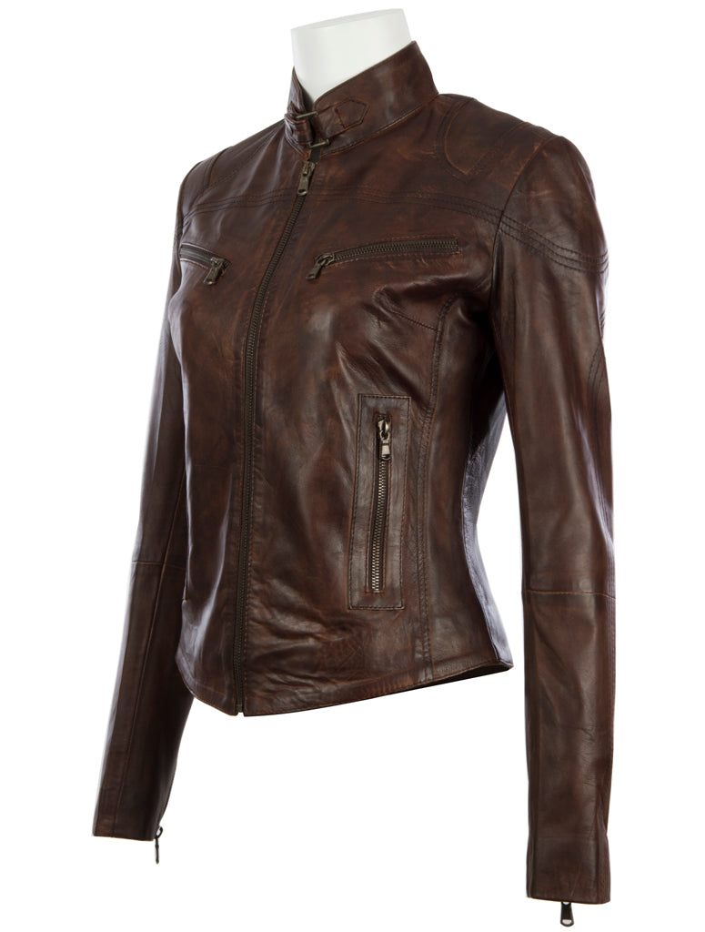 Brown leather jacket on a mannequin against a white background