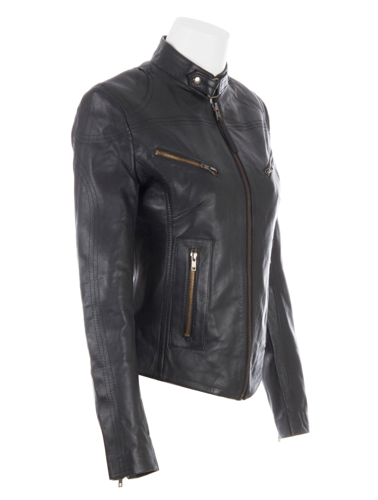 Black leather jacket on a mannequin against a white background right view
