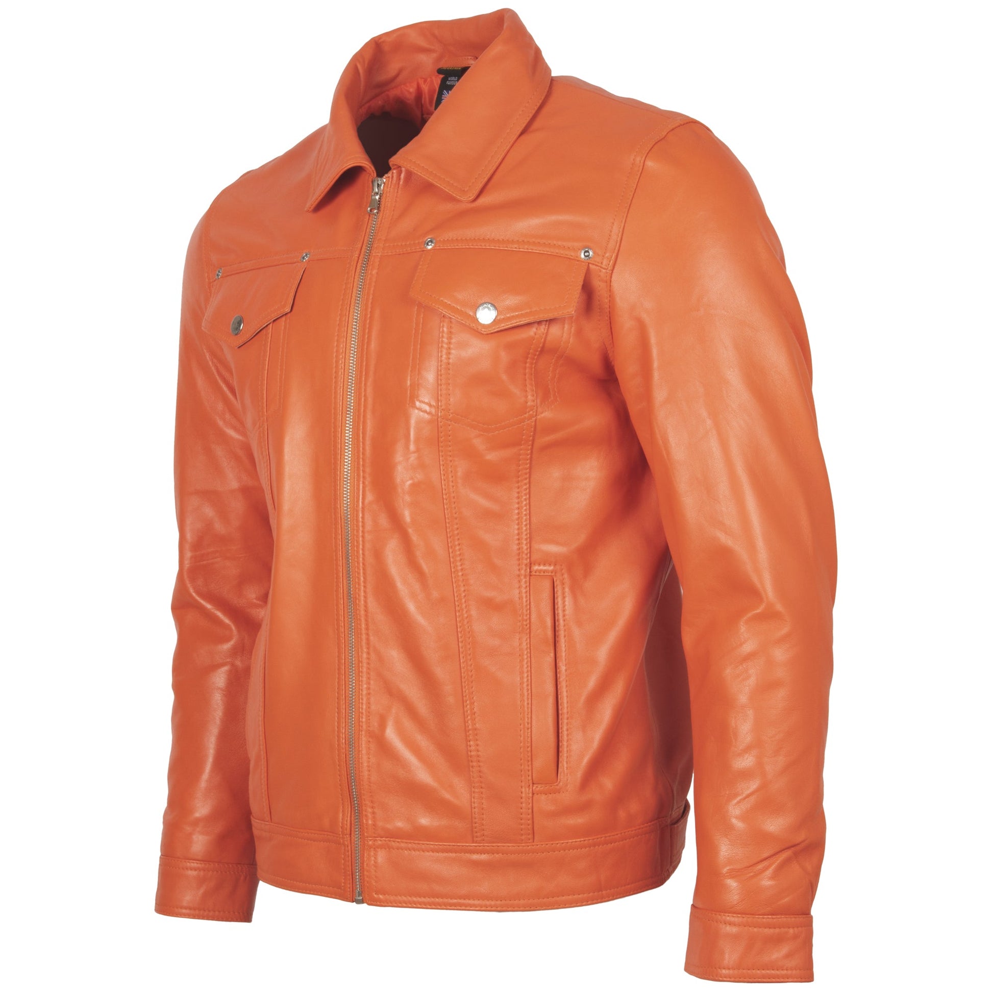 Orange leather jacket on a white background