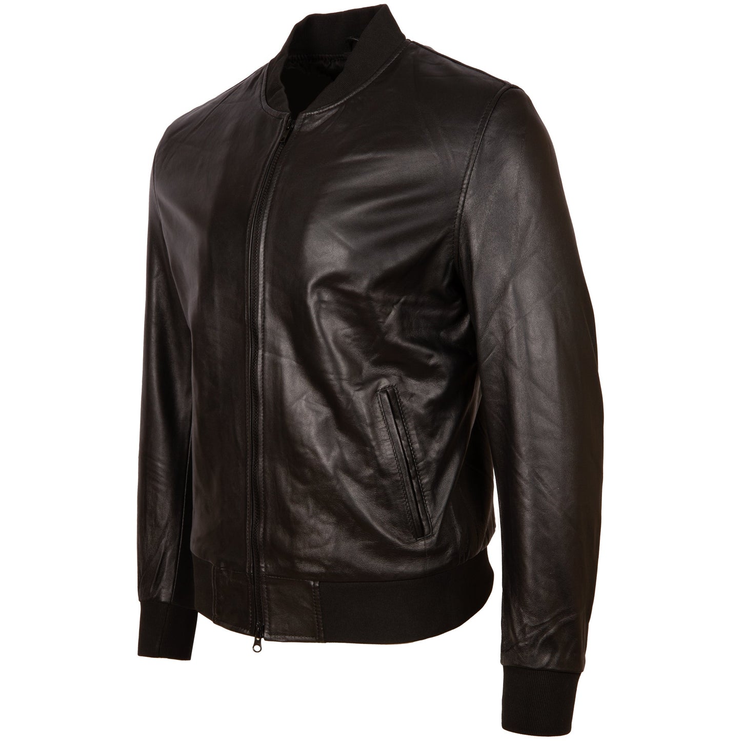 Men's Black Leather Bomber Jacket - Genuine Nappa