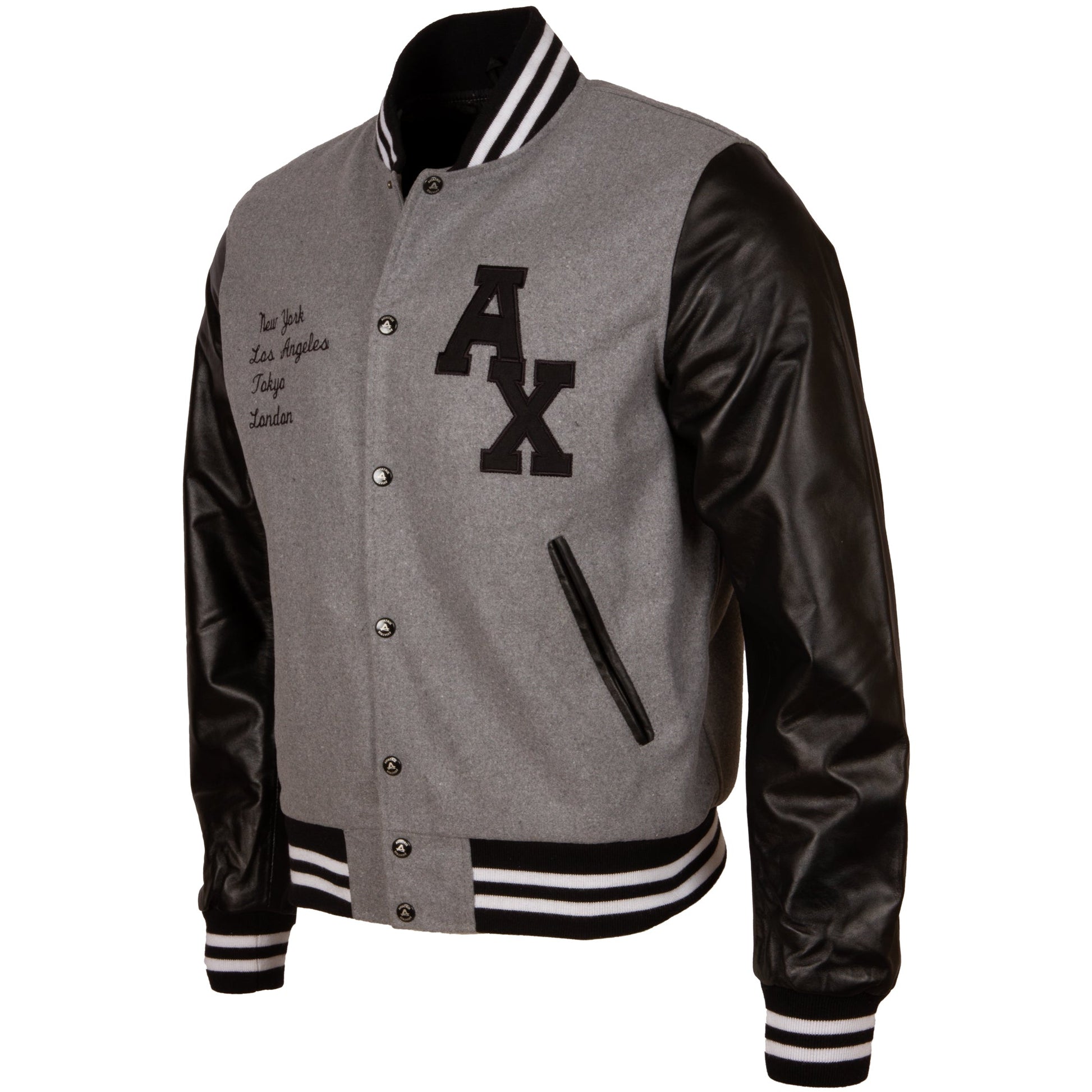 Gray and black varsity jacket with letterman design on a white background
