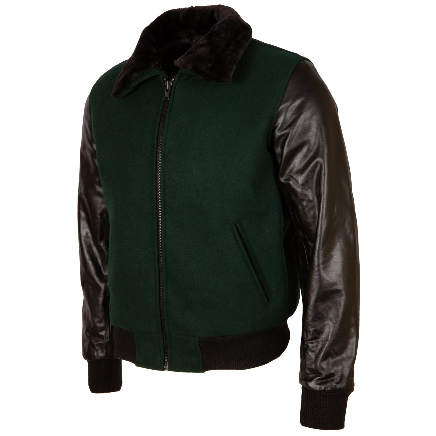 Men's Black Varsity Bomber Jacket - Leather & Wool