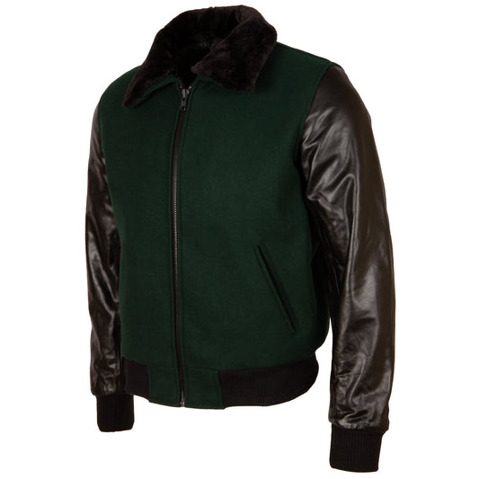 Men's Black Varsity Bomber Jacket - Leather & Wool