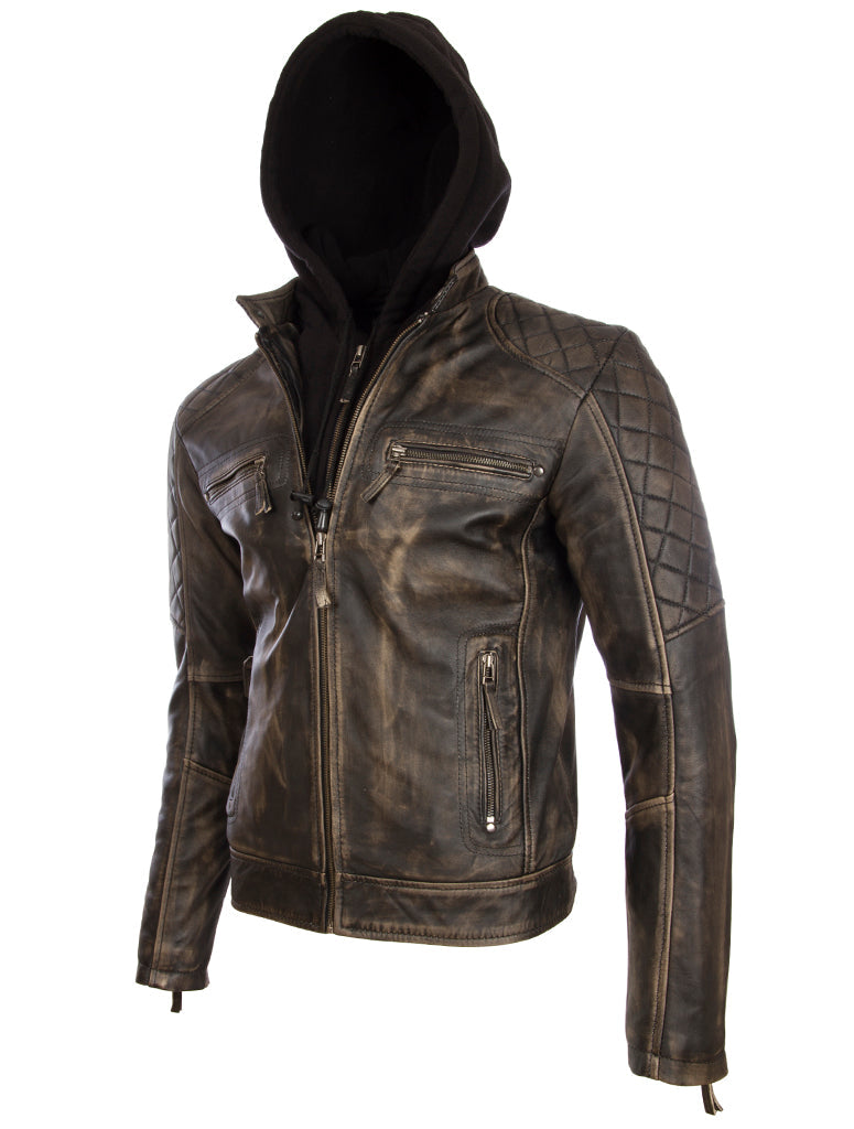 Men's Black Hooded Biker Jacket - Nappa Leather