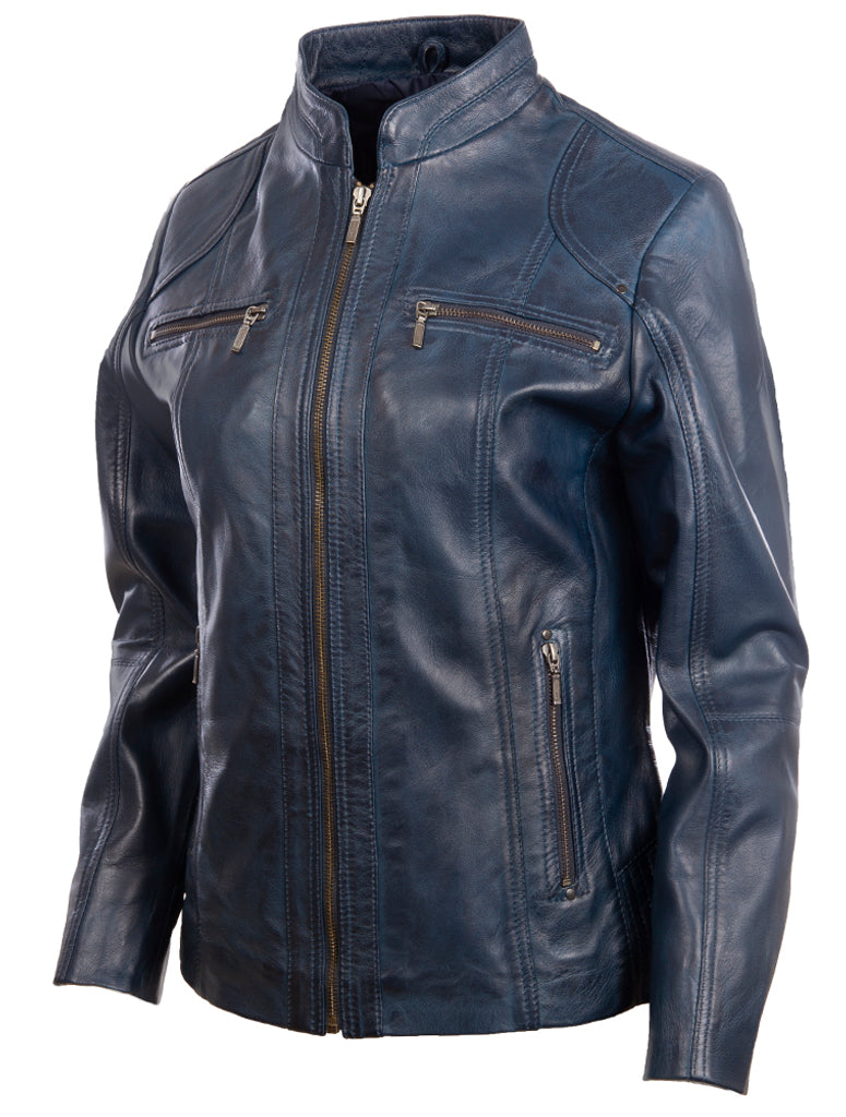 Blue leather jacket with zippers on a white background
