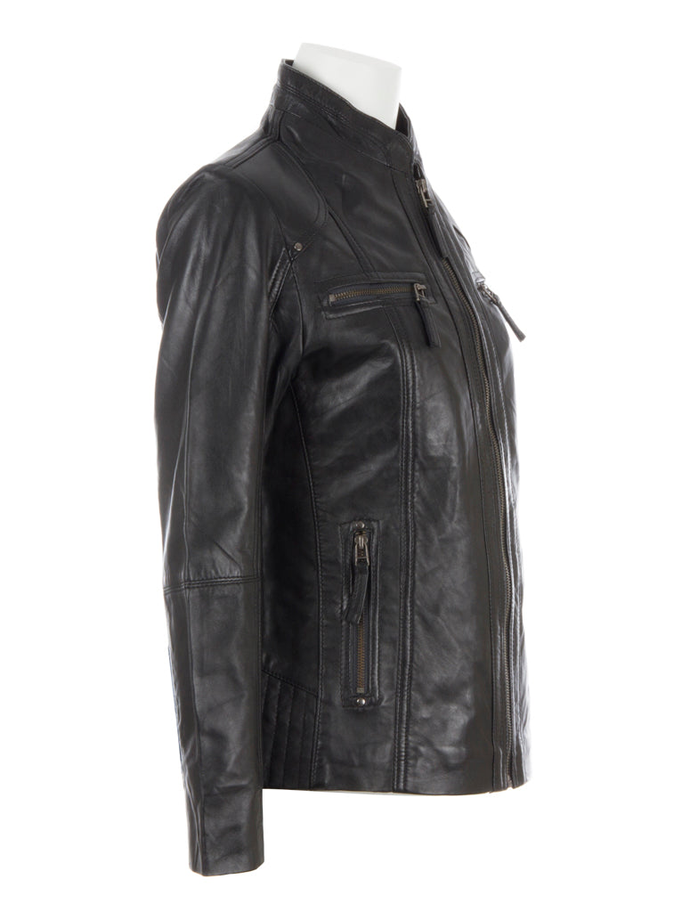 Black leather jacket on a mannequin against a white background