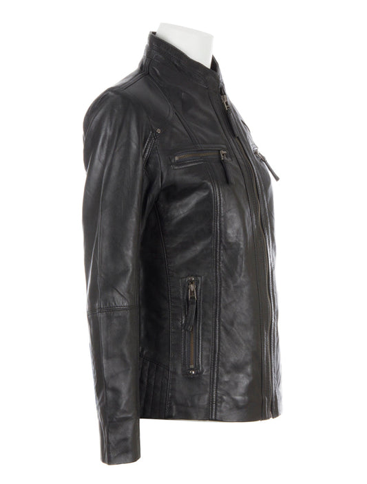Black leather jacket on a mannequin against a white background