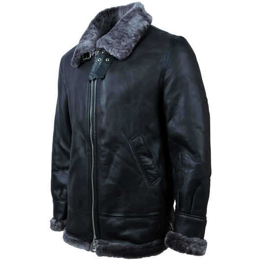 Men's Black Shearling Aviator Jacket - Silverback
