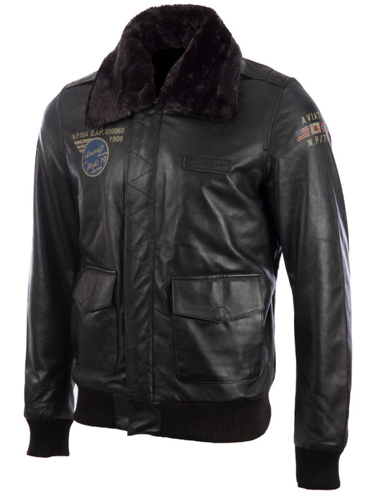 Black leather jacket with patches on a white background