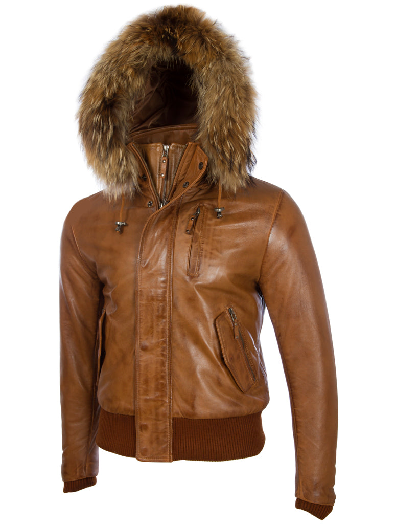 Brown leather jacket with fur hood on a white background