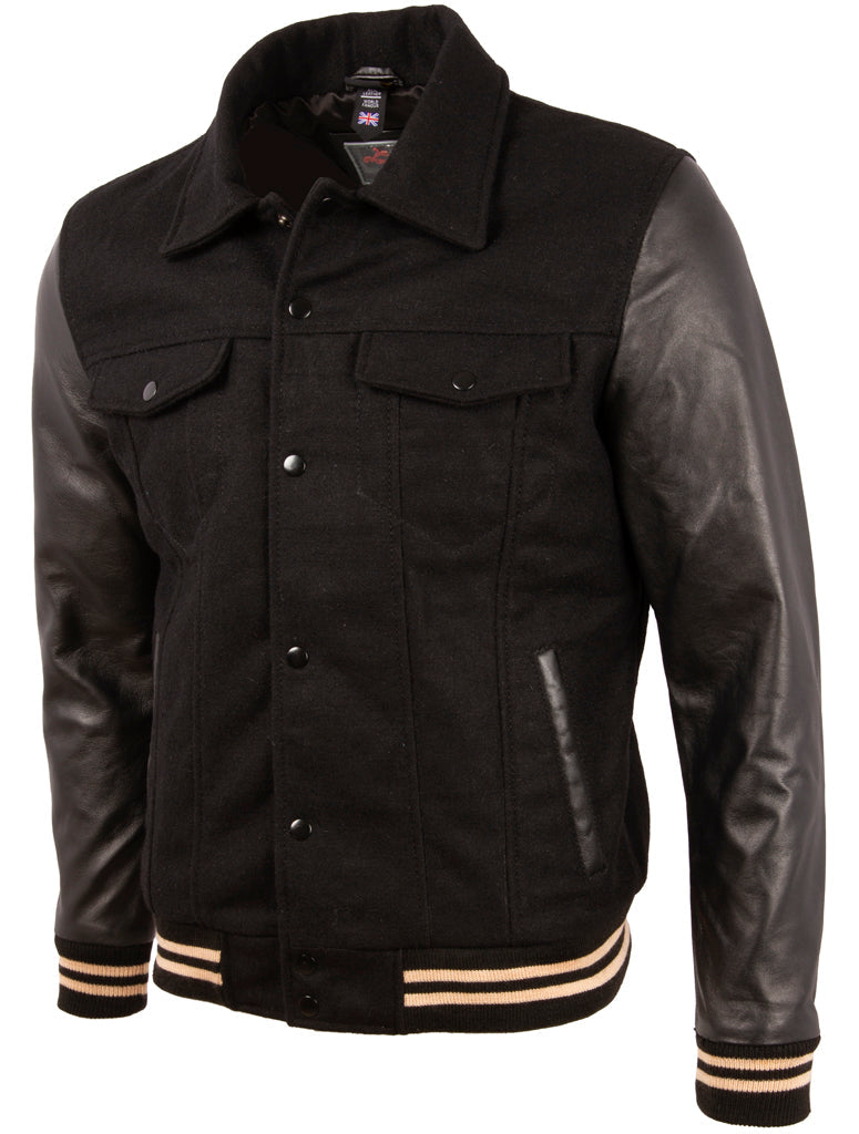 Black jacket with leather sleeves on a white background