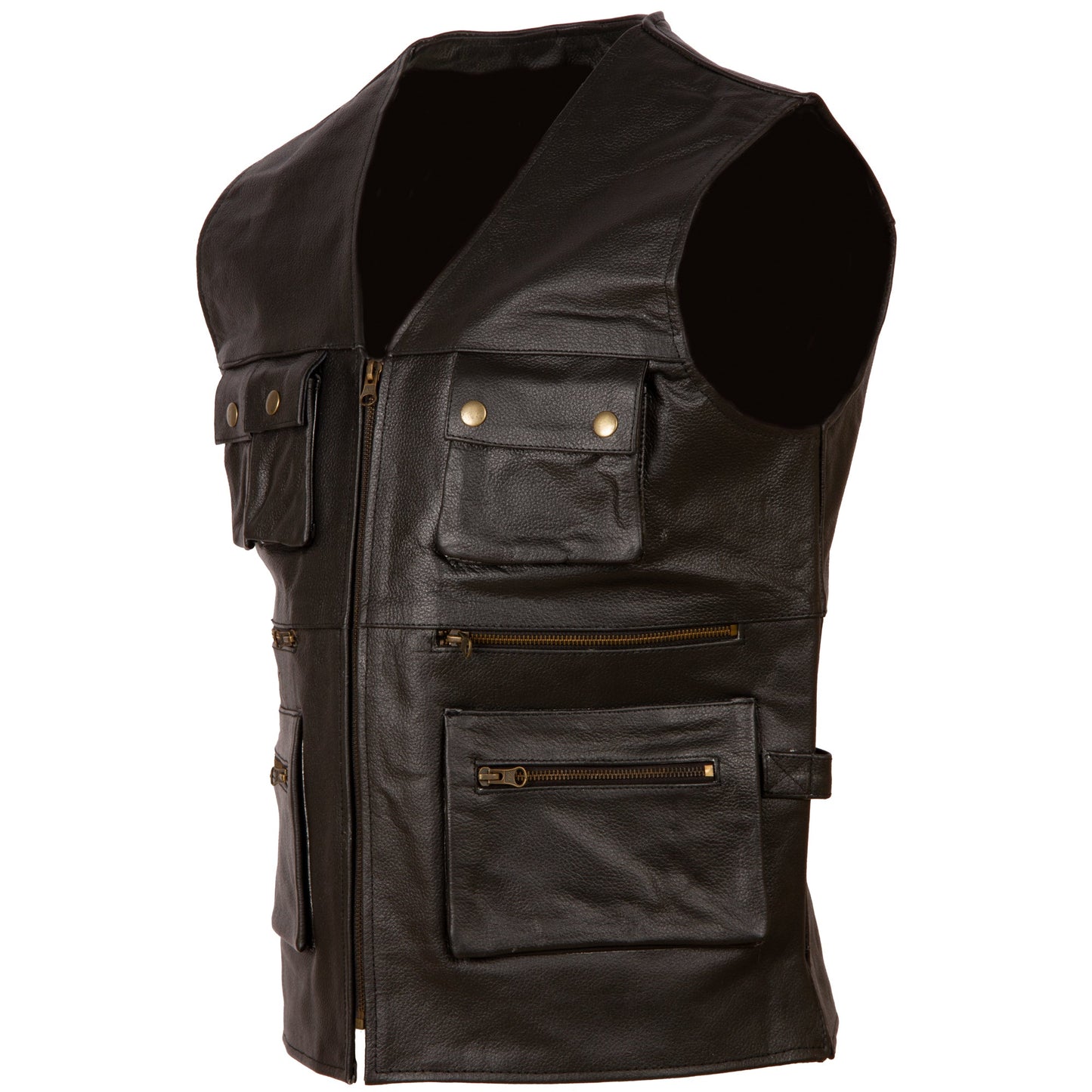 Men's Black Leather Multi-Pocket Hunting Vest