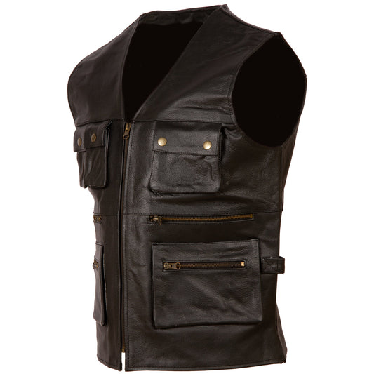 Men's Black Leather Multi-Pocket Hunting Vest