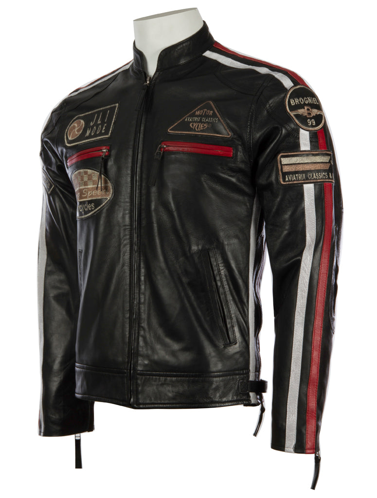 Black leather jacket with patches and red and white stripes on a mannequin against a white background left view