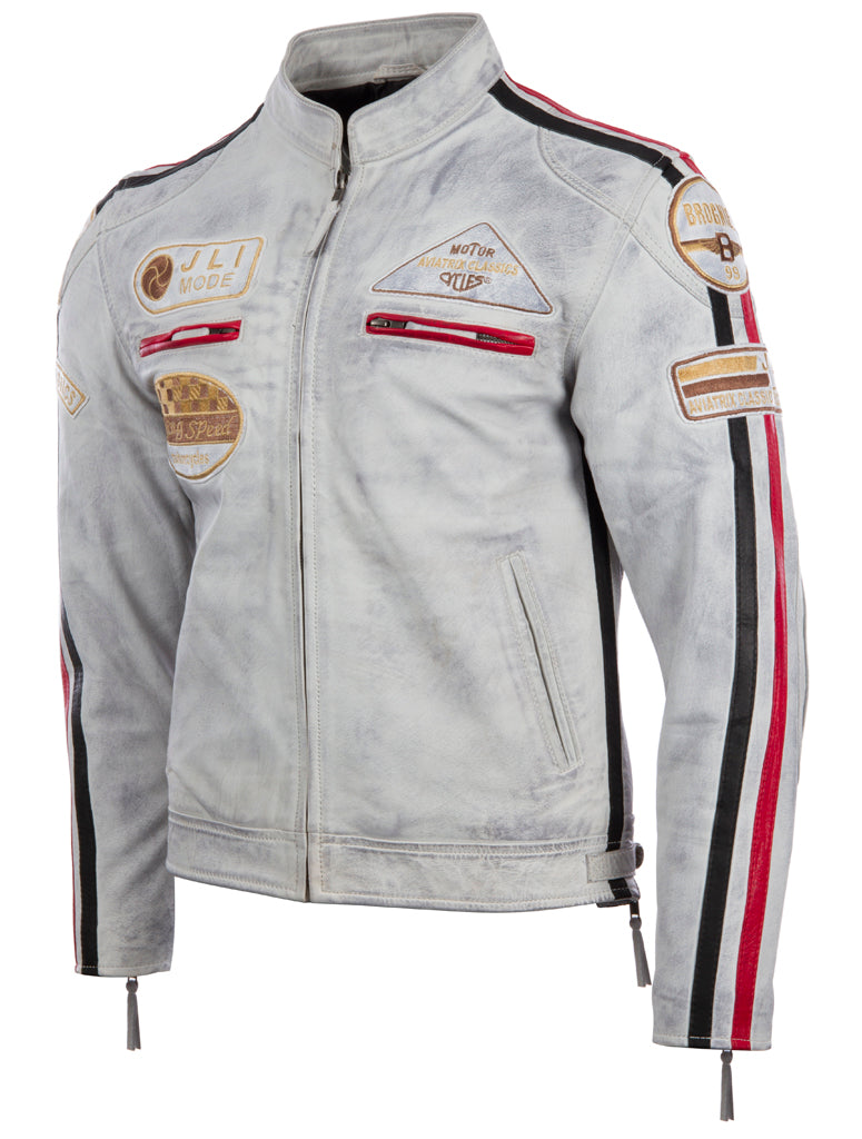 Gray leather jacket with patches and stripes on a white background