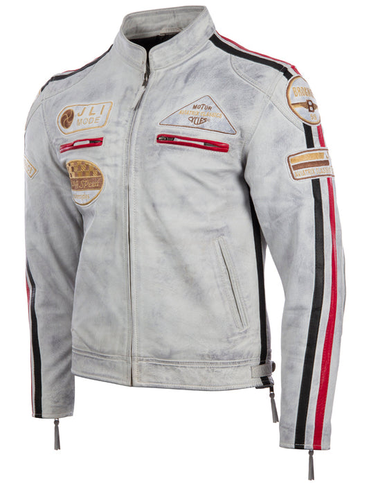 Gray leather jacket with patches and stripes on a white background