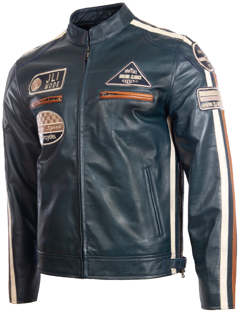 Black leather jacket with various patches on a white background