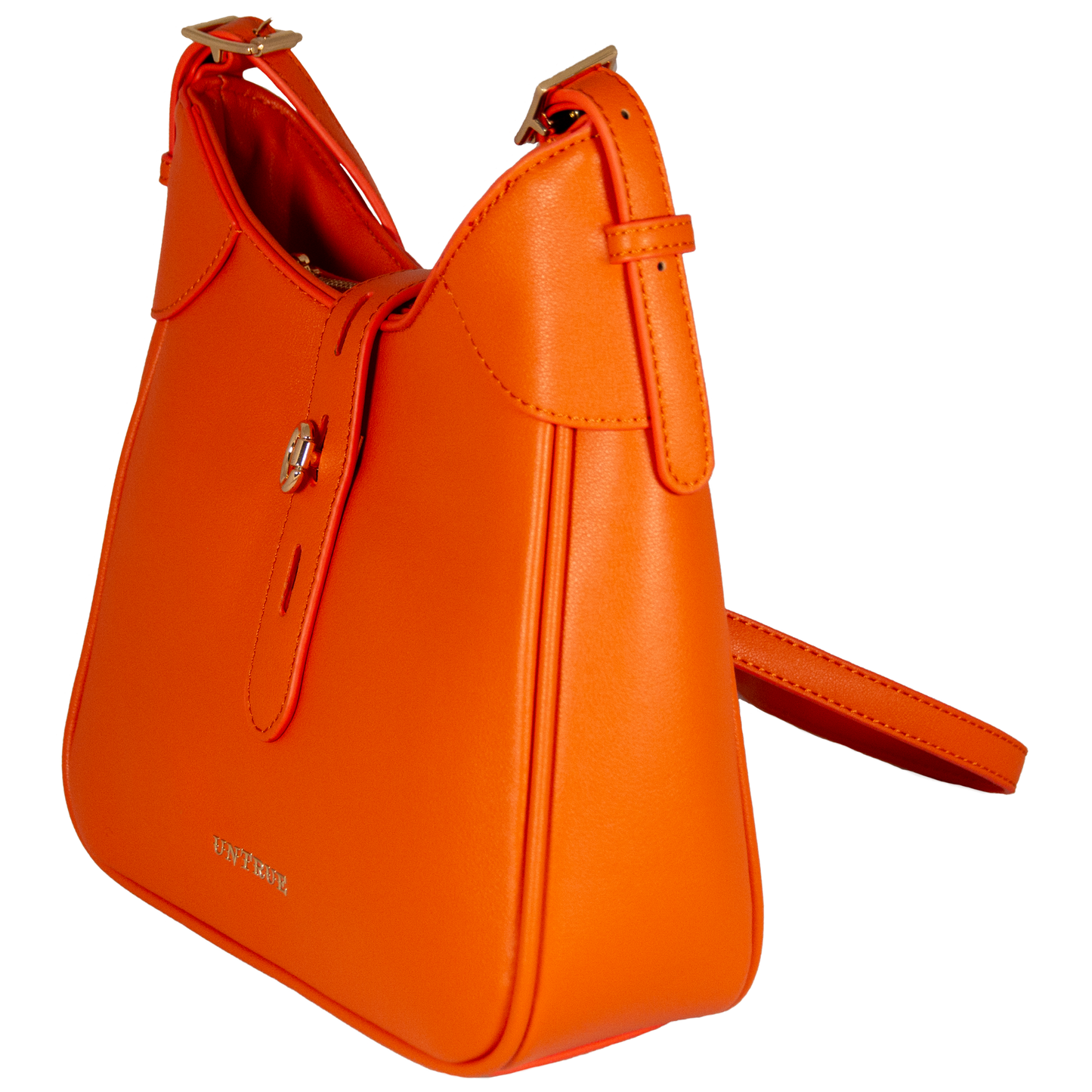 Orange handbag with a strap on a white background