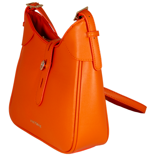 Orange handbag with a strap on a white background