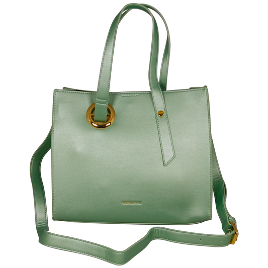 Green handbag with a gold ring handle on a white background