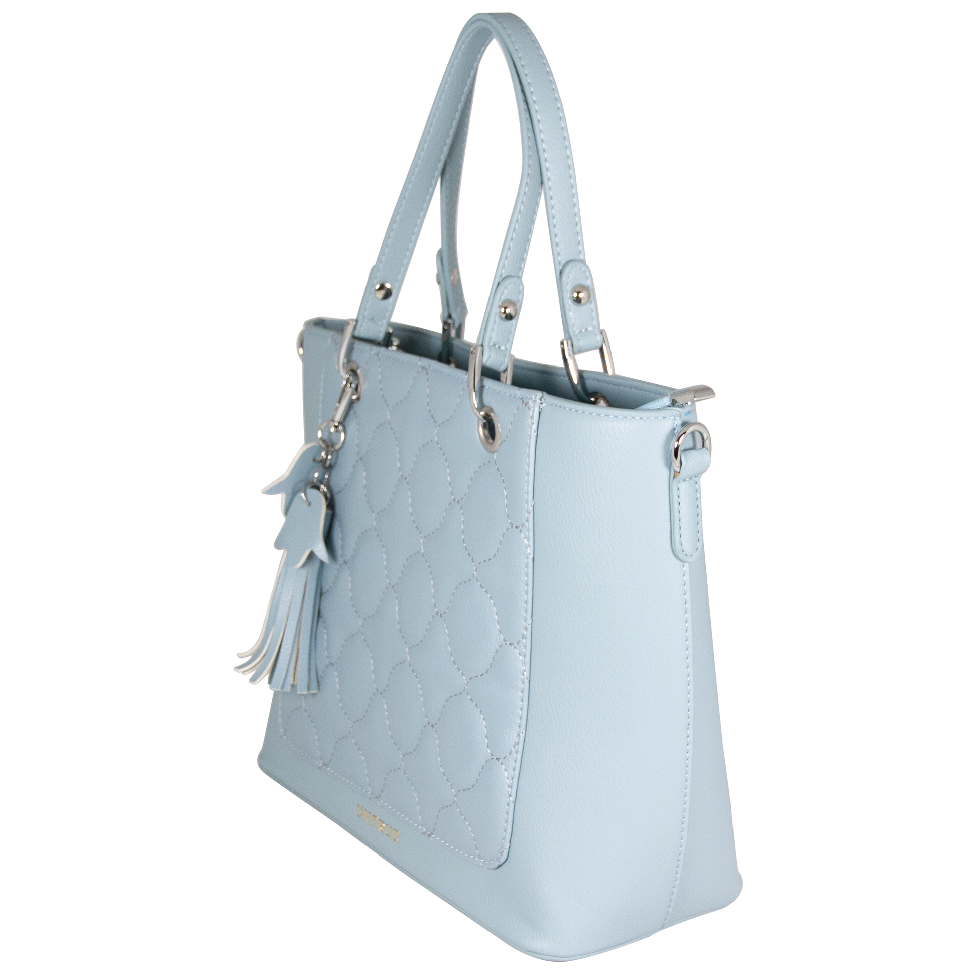 Light blue handbag with a tassel on a white background
