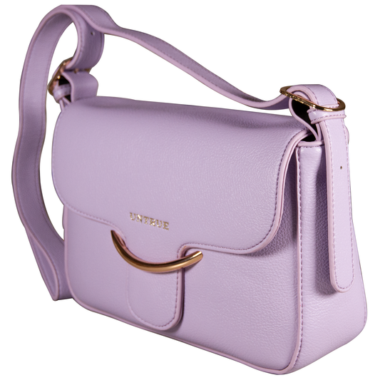 Lavender handbag with gold accents on a white background