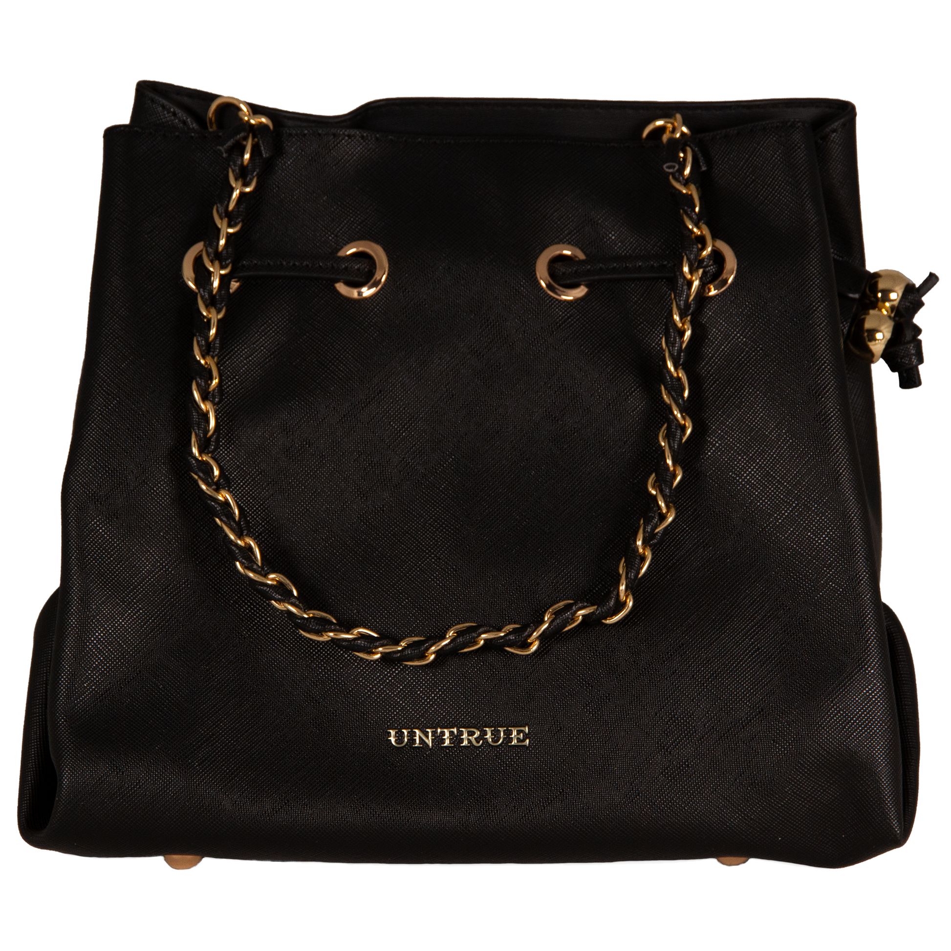 Black handbag with gold chain handle and branding on a white background
