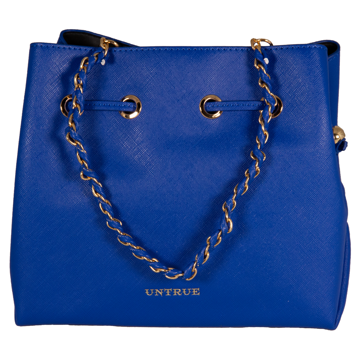 Blue handbag with gold chain strap on a white background