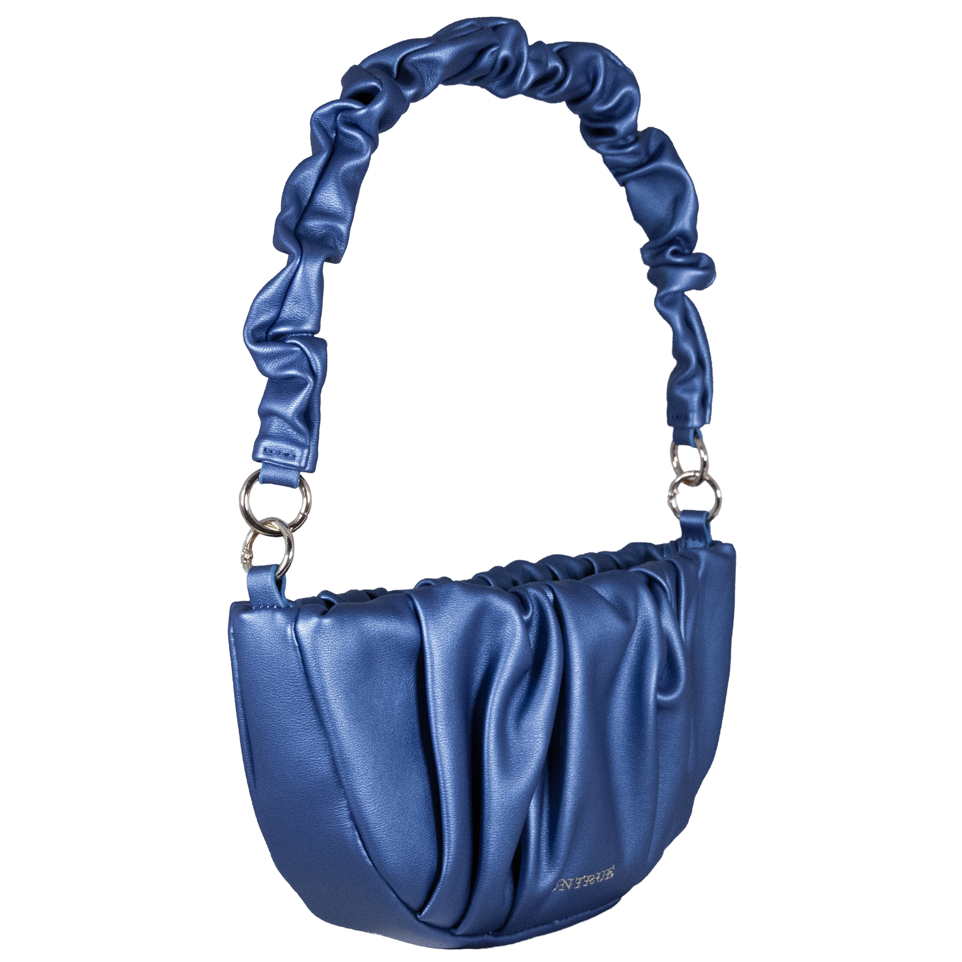 Blue satin handbag with ruched handle on a white background