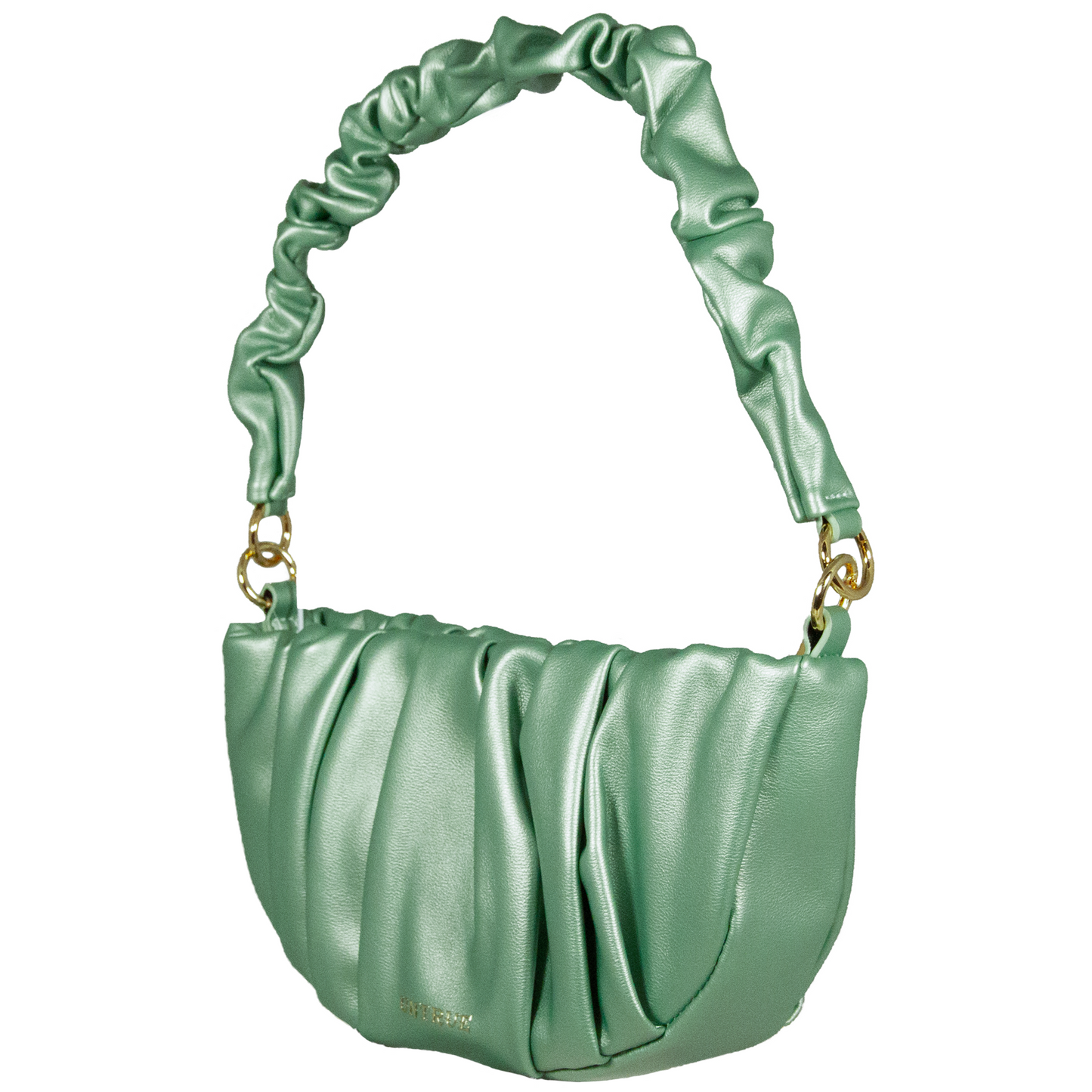 Green handbag with ruched handle on a white background