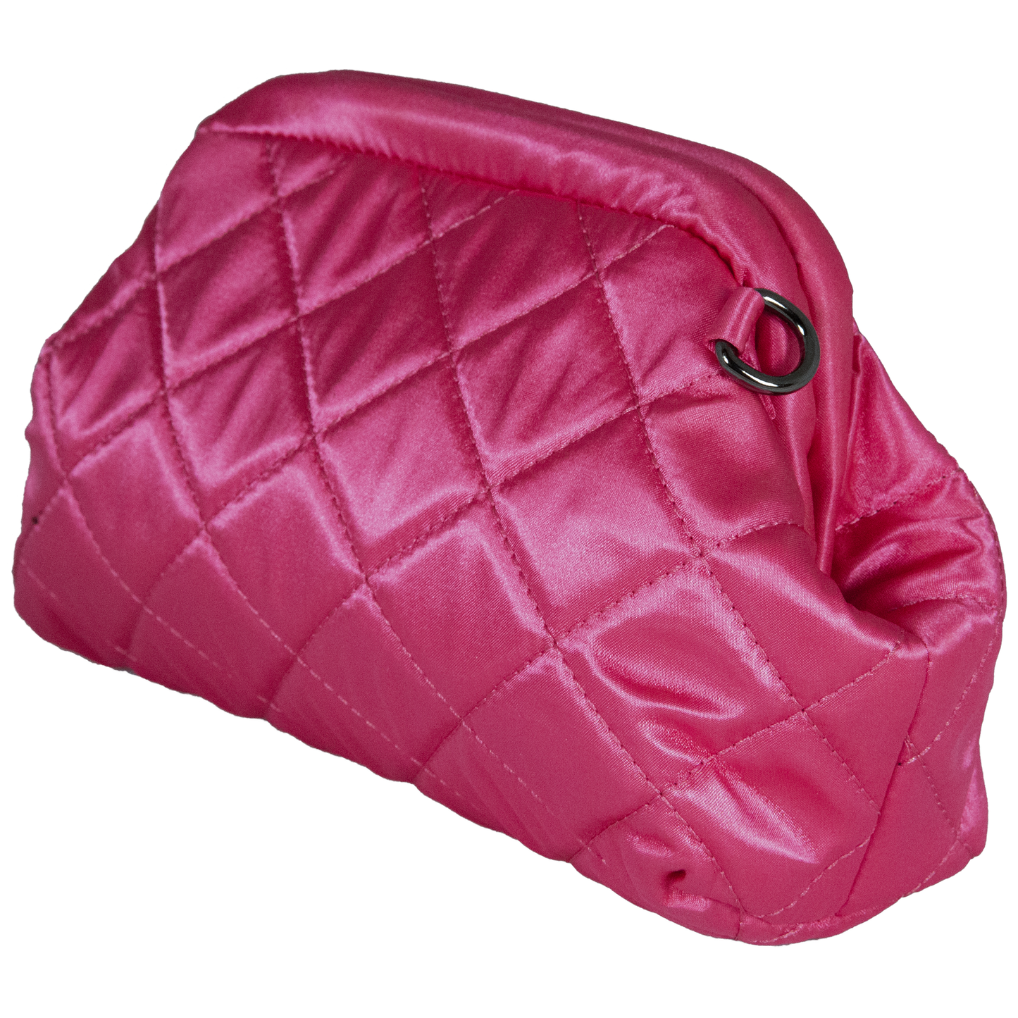 Pink quilted handbag on a white background