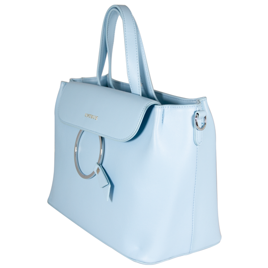 Light blue handbag with a silver clasp on a white background