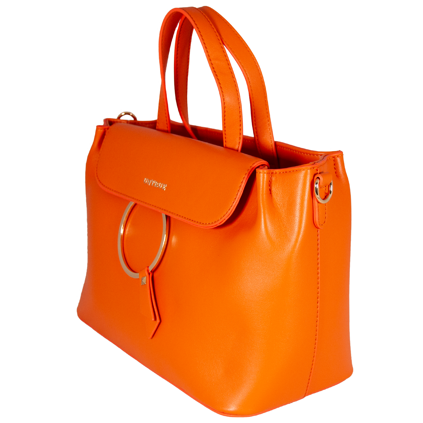 Orange handbag with a gold ring detail on a white background left view