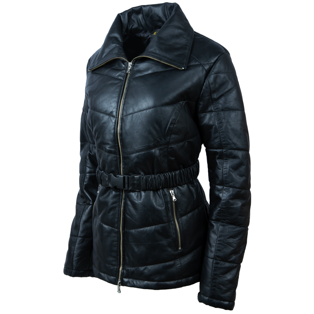 Black leather jacket with quilted design on a white background