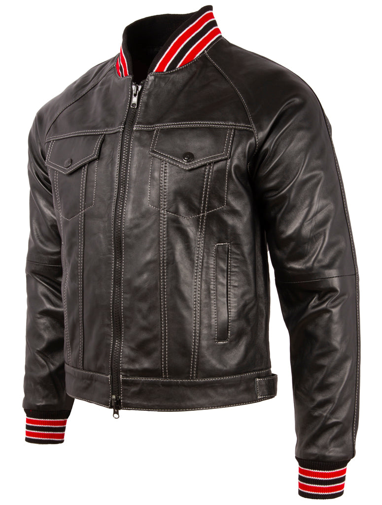 Men's Black Leather Trucker Jacket - Varsity Style