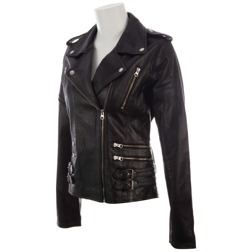 Black leather jacket on a mannequin against a white background left view