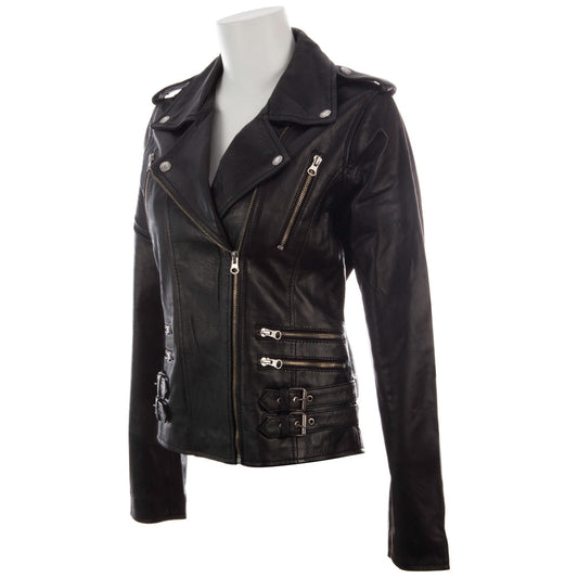 Black leather jacket on a mannequin against a white background left view
