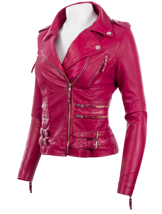 Pink leather jacket on a mannequin against a white background