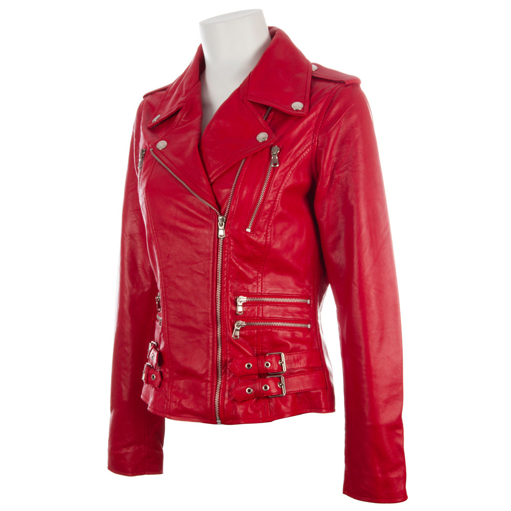 Red leather jacket on a mannequin against a white background