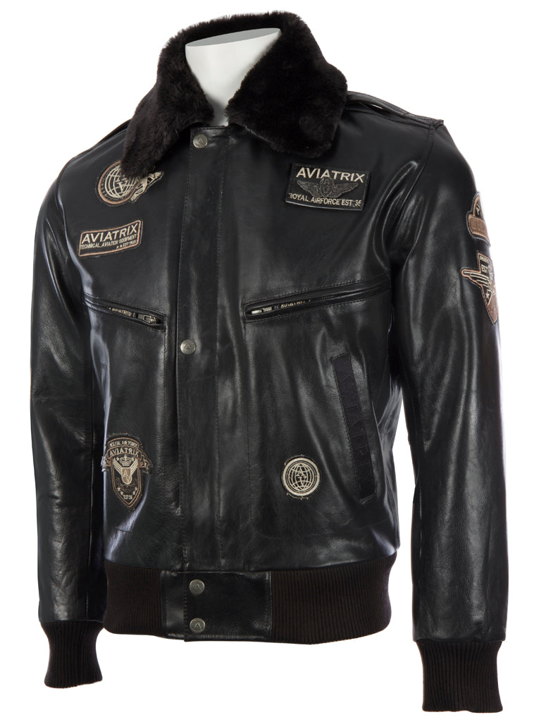 Black leather jacket with patches on a white background left view