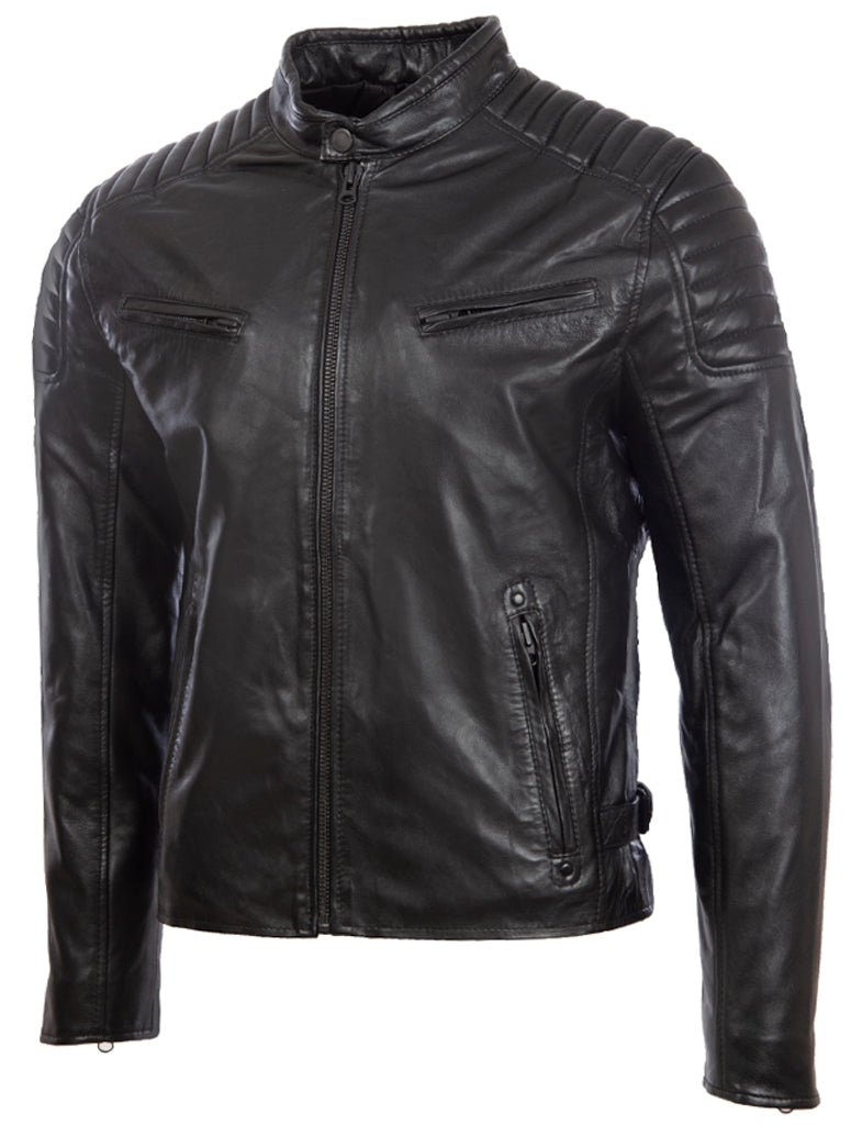 Men's Diamond Biker Leather Jacket - Black