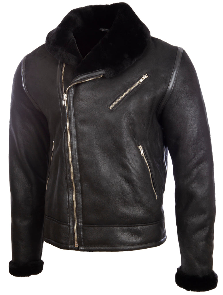 Men's Black Shearling Shawl Jacket - Sheepskin