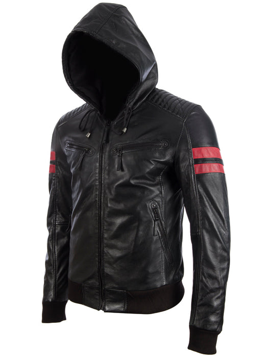 Men's Black Leather Bomber Jacket with Hood