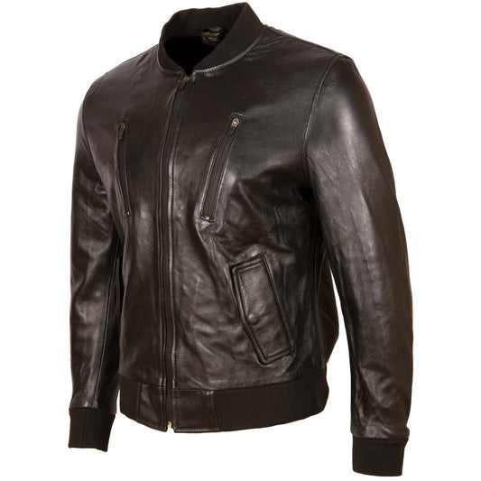 Men's Black Leather Bomber Jacket - London Style