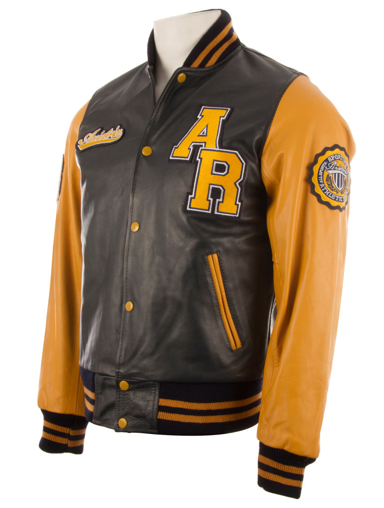 Black and yellow varsity jacket with lettering and logos on a white background