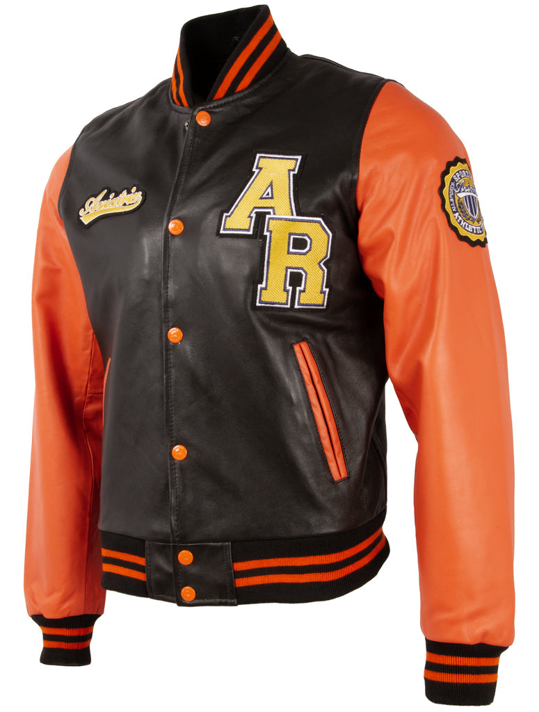 Black and orange varsity jacket with letter 'A' and 'R' on a white background