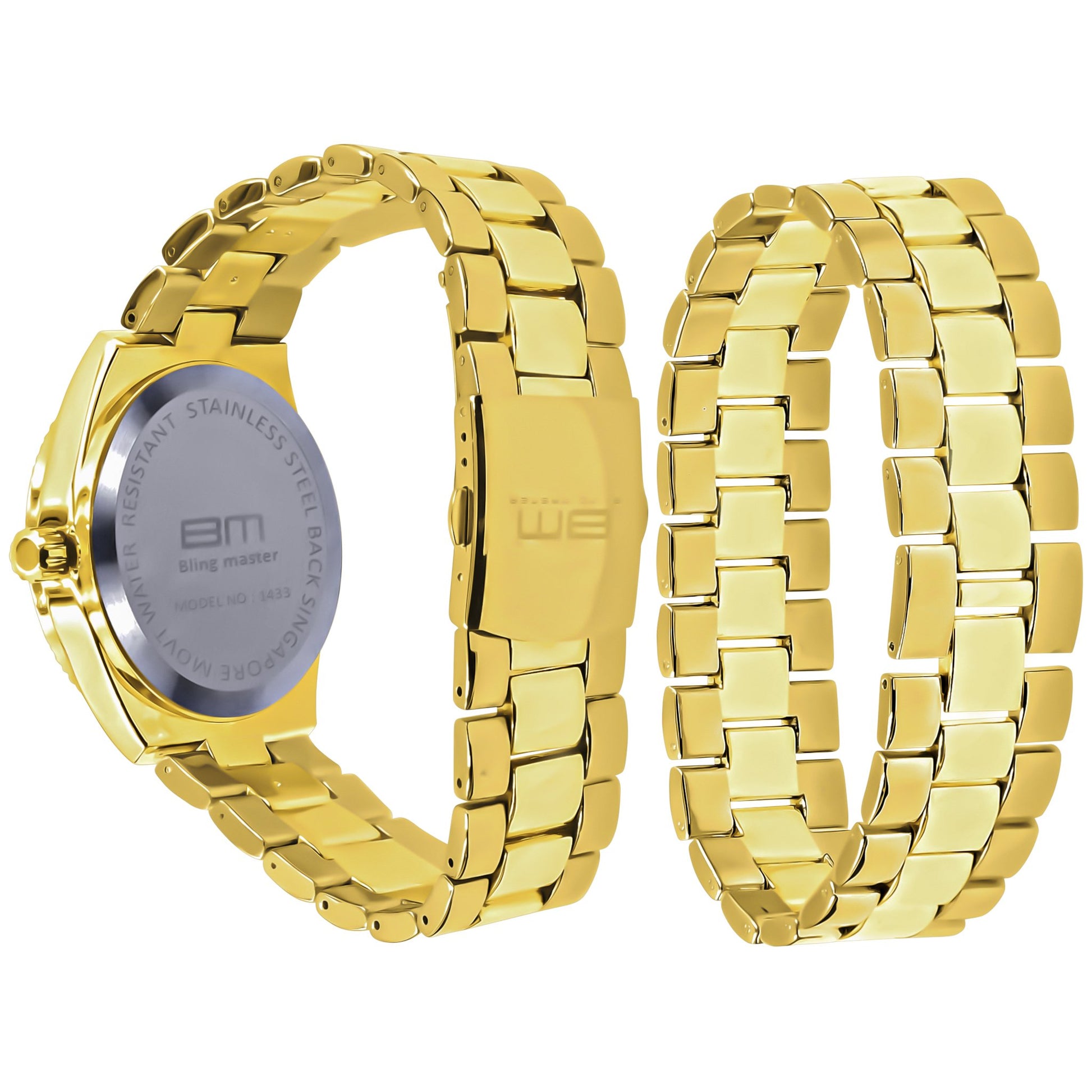 Gold watch and bracelet set on a white background